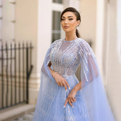 Luxuriöses blaues Abendkleid mit Cape-Ärmeln LA72666