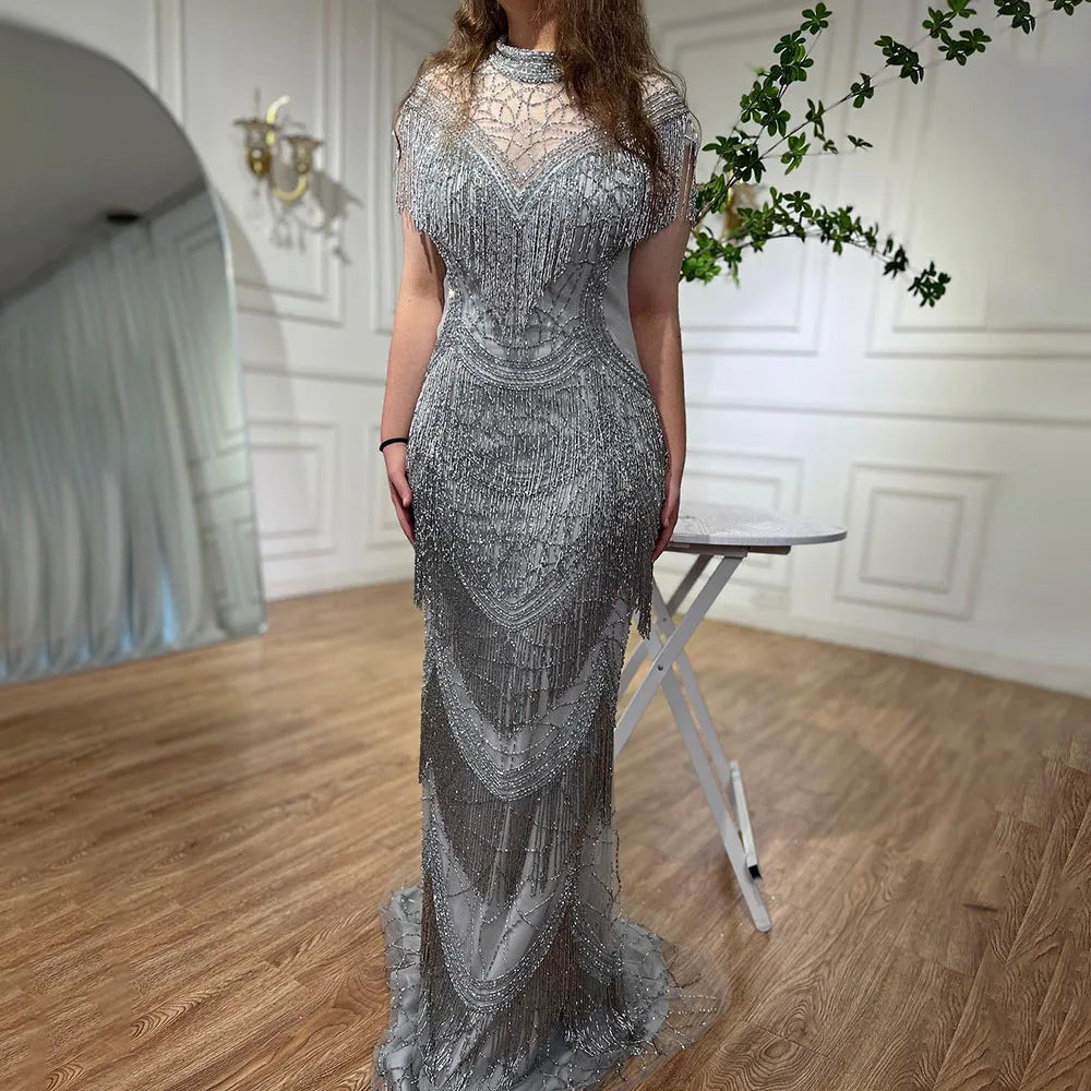 Grey Mermaid Luxury Evening Dresses Gowns Cap Sleeves Beading Tassel Sexy For Women Party 2025 LA70529