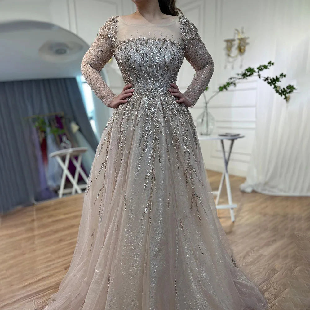 Vestidos de noche de lujo de Dubái con mangas largas en rosa empolvado para fiesta LA71915