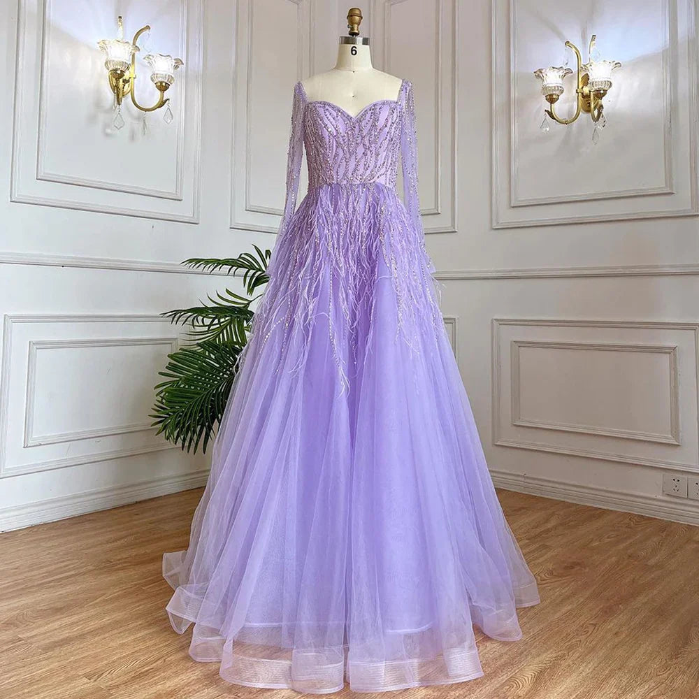 Vestido de noche árabe de lujo con cuentas y plumas, hecho a mano, 2025 LA71468