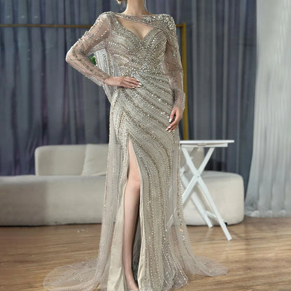 Silber Nude Mermaid Elegante High Spli Abendkleider Kleider Luxus Perlen 2025 Für Frauen Party LA70752L 