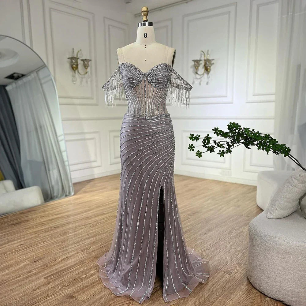 Splitter nude Boot-ausschnitt Split Meerjungfrau Elegante Perlen Quaste Abendkleider Kleider Für Frau Hochzeit Party 2025 LA72391 