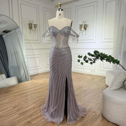 Splitter nude Boot-ausschnitt Split Meerjungfrau Elegante Perlen Quaste Abendkleider Kleider Für Frau Hochzeit Party 2025 LA72391 