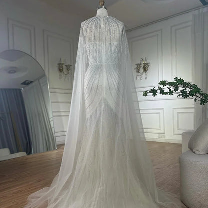 Vestido de noche árabe azul con tirantes finos, cuentas y capa desmontable para ocasiones formales 2025 LA72784 