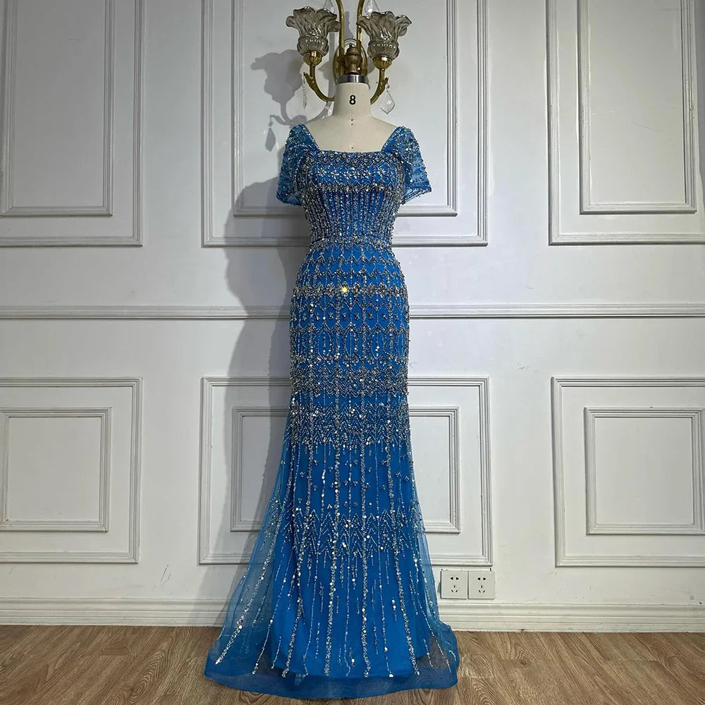 Vestido de noche árabe blanco de lujo estilo sirena de Dubái con mangas cortas LA72714