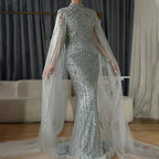 Vestidos de noche musulmanes de sirena color nude con mangas tipo capa y perlas, de lujo, estilo Dubái, para mujer, para boda, fiesta, LA72372 