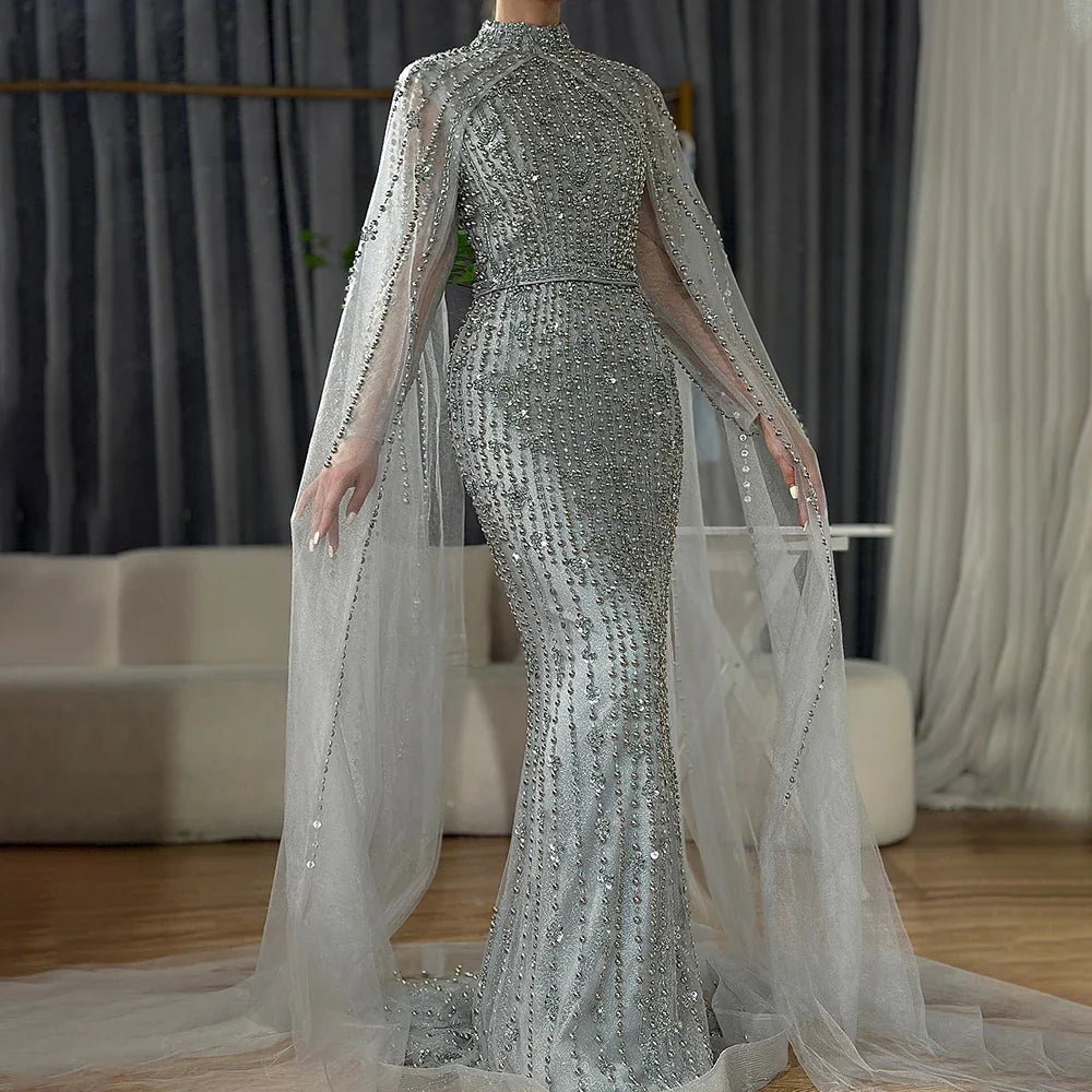 Vestidos de noche musulmanes de sirena color nude con mangas tipo capa y perlas, de lujo, estilo Dubái, para mujer, para boda, fiesta, LA72372 