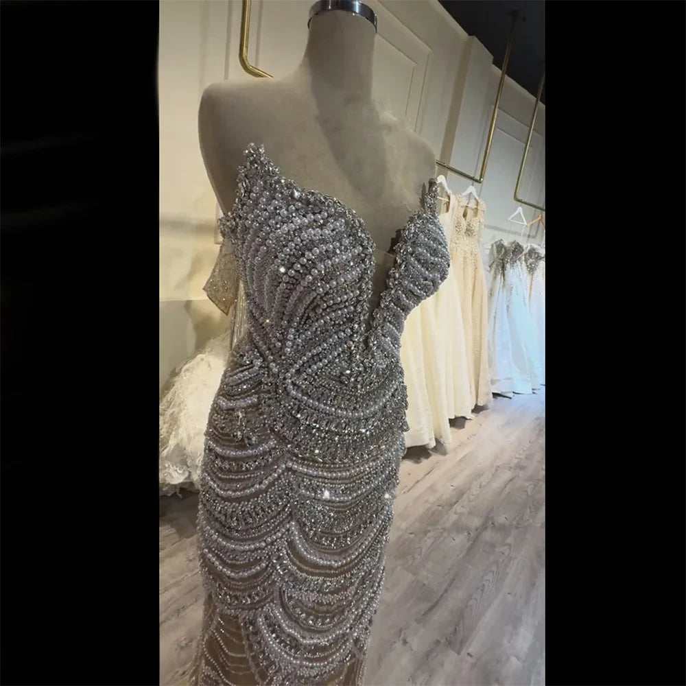 2025 Nude Silver Beaded Evening Gown with Sparkling Crystal Embellishments for Formal Occasion LA72900