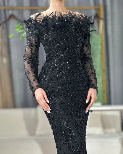 Luxury Dubai Green Boat Neck Mermaid Elegant Feathers Beaded Evening Dresses Gowns For Woman Wedding Party LA72553
