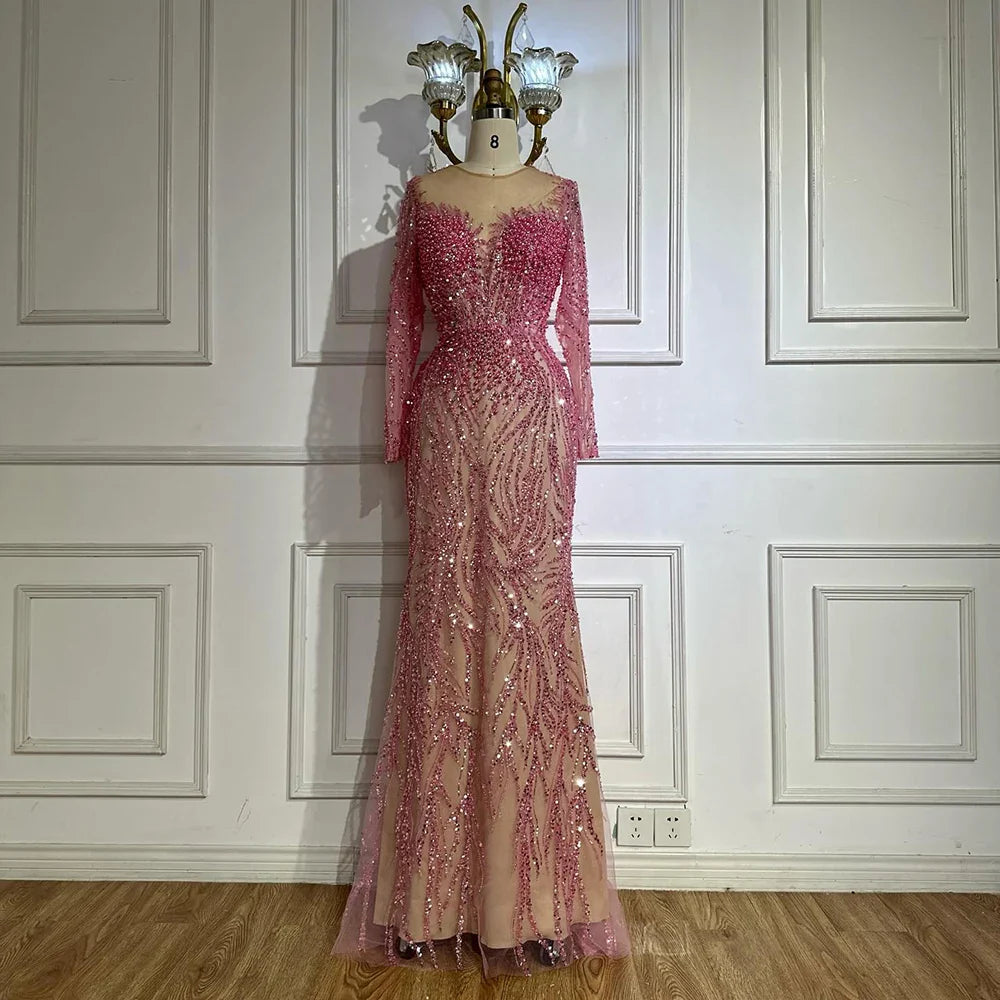 Vestidos de noche elegantes de sirena azul de Dubái, Arabia Saudita, con cuentas y perlas, para mujer, para boda, fiesta, LA72264 