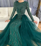 Vestidos de noche musulmanes verdes con cola, vestidos de sirena con cuentas, elegantes y lujosos para mujer, fiesta LA71107 