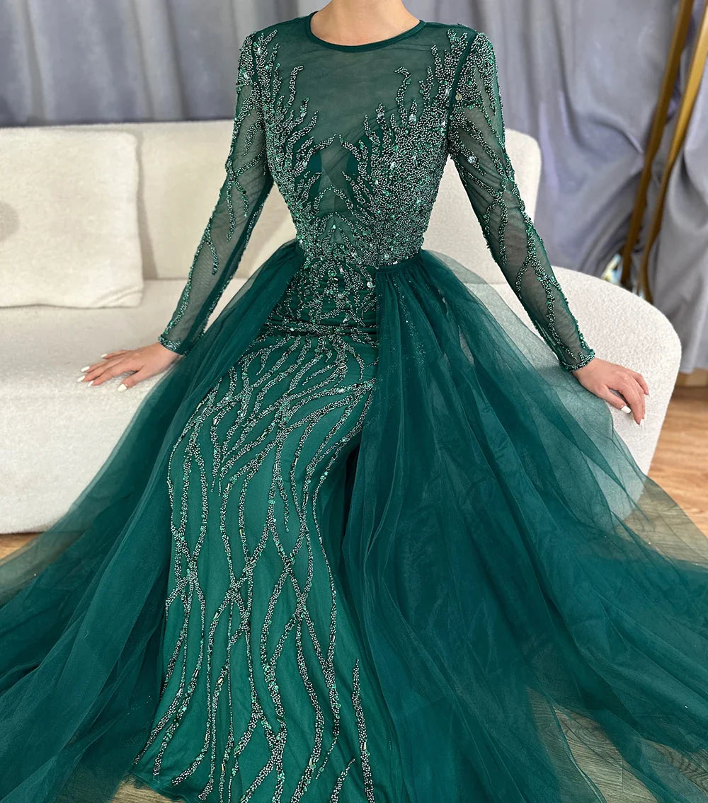 Vestidos de noche musulmanes verdes con cola, vestidos de sirena con cuentas, elegantes y lujosos para mujer, fiesta LA71107 