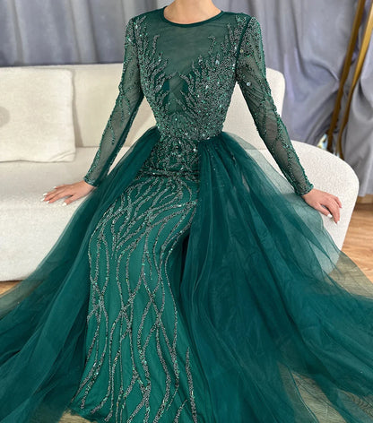 Muslim Green With Train Evening Dresses Gowns 2025 Mermaid Beading Elegant Luxury For Women Party LA71107