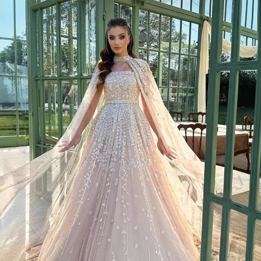 Saudi-Arabien Nude Square Neck Elegantes A-Linien-Abendkleid mit Perlen für formelle Anlässe LA72835 