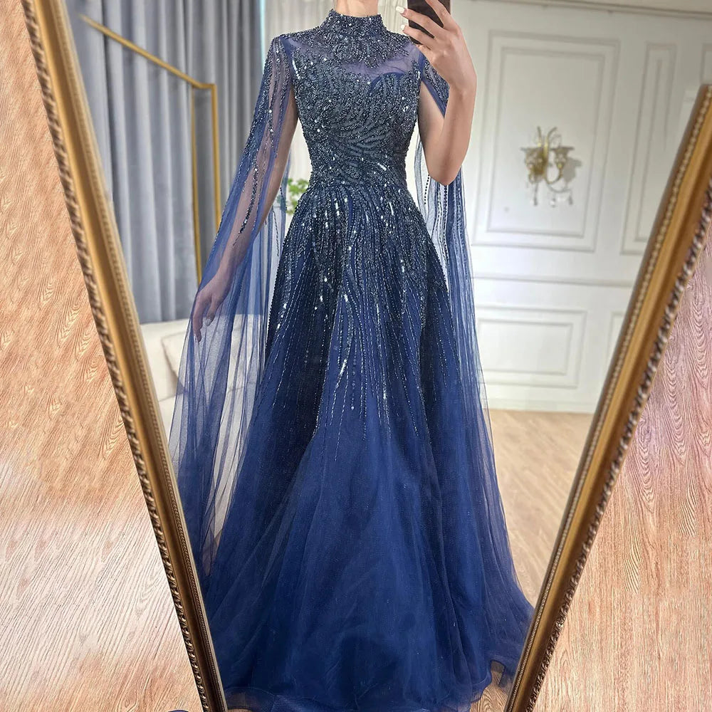 Karamellfarbenes Luxus-Abendkleid mit Cape-Ärmeln, A-Linie, Perlenbesetztes Spitzenkleid für die Hochzeitsfeier der Frauen 2025 LA72386 