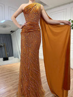 Blue Mermaid One Shoulder Elegant Cape Sleeve Beaded Luxury Evening Dresses Gowns For Women Party 2025 LA72323