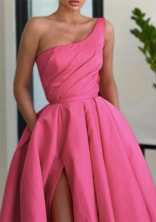 2025 Arabisches rosa A-Linien-Ballkleid aus Satin mit One-Shoulder-Träger und bodenlanger Länge, mit Schlitz, Rüschen und Taschen für Damenpartys LA72683 