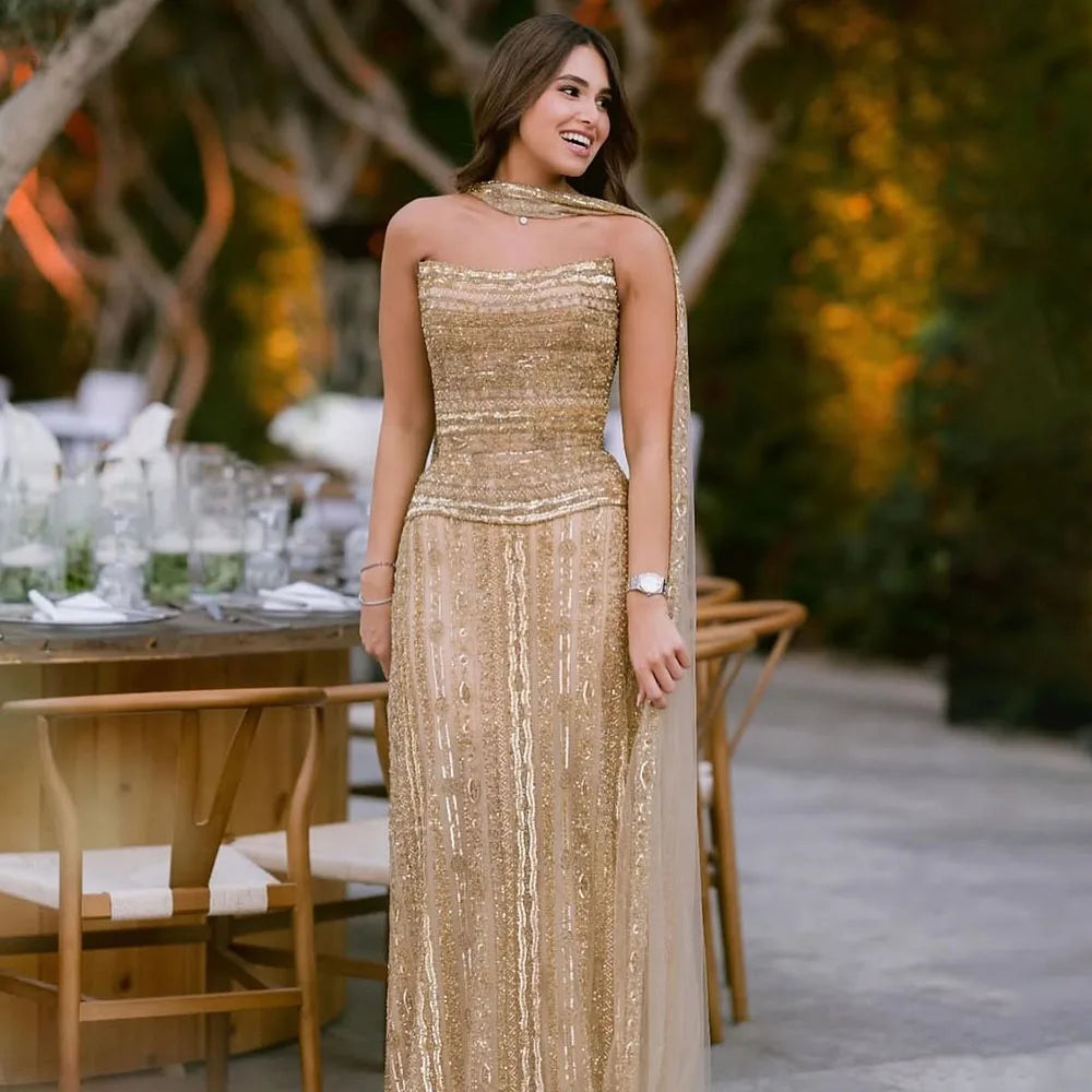 2025 Gold A-Line Beaded Strapless Luxury Evening Dress for  Occasion Saudi LA72873