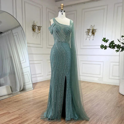 Vestido de noche de lujo estilo sirena con cuentas y capa larga negra árabe de Dubái para mujer, ideal para bodas 2025 LA72296 