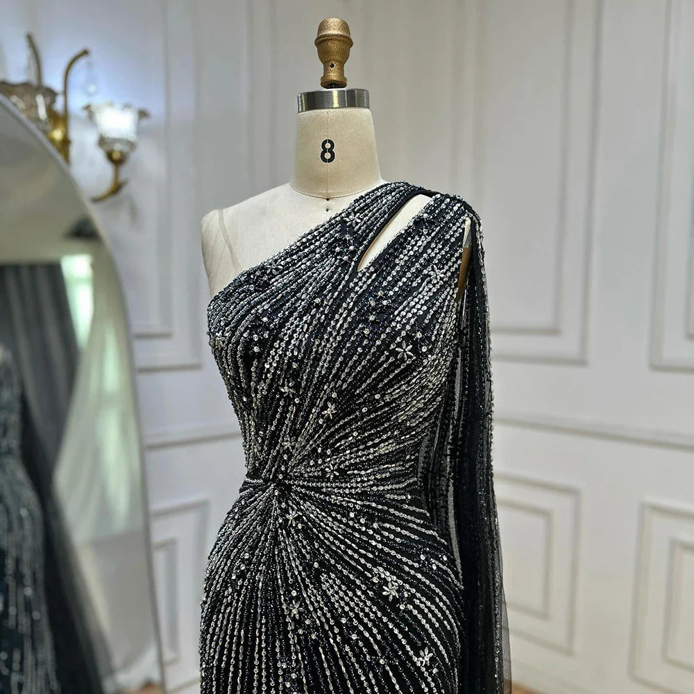 2025 Saudi Black High Split Mermaid One Shoulder Beaded Evening Dresses Gowns for Formal Occasion LA72829