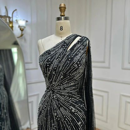 2025 Saudi Black High Split Mermaid One Shoulder Beaded Evening Dresses Gowns for Formal Occasion LA72829
