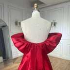 Elegante vestido de noche rojo con hombros descubiertos y flores 3D LA72778