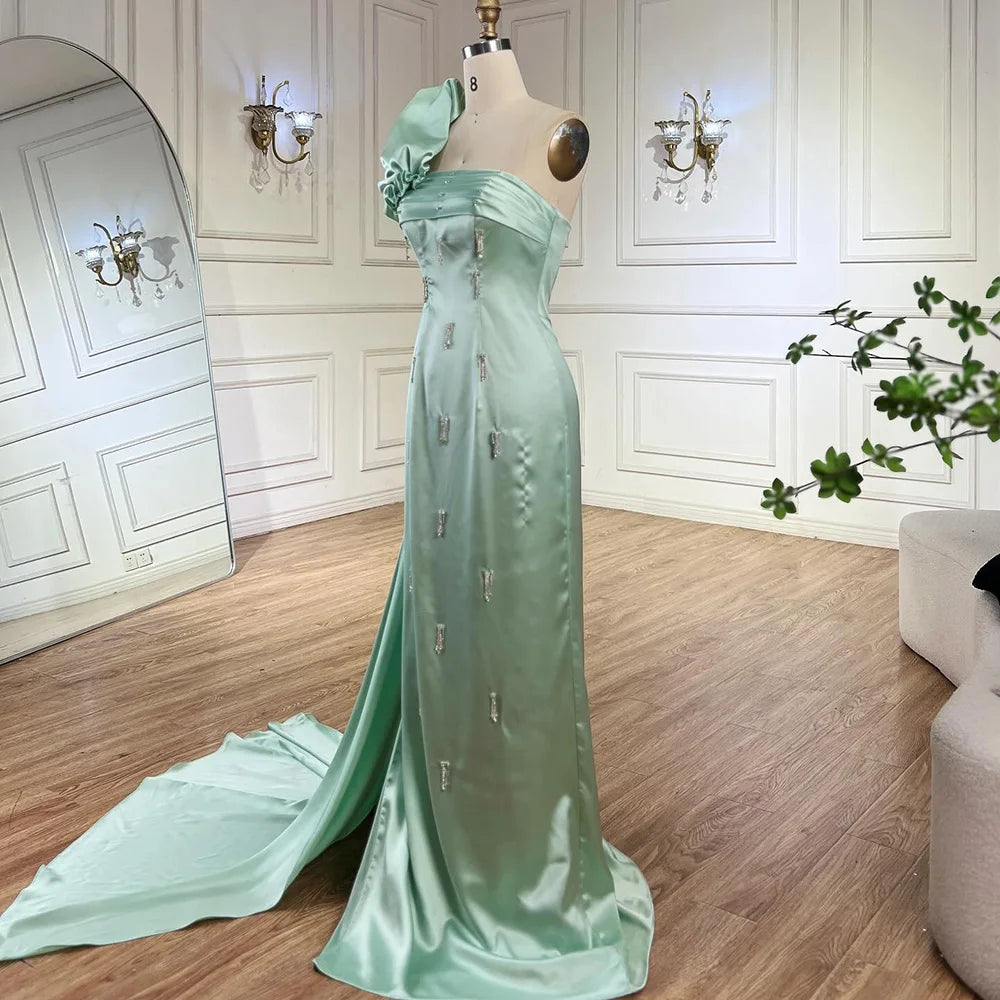 Vestido de noche árabe verde salvia de un solo hombro con capa de cristal de lujo de Dubái para fiesta de boda de mujer LA72412 
