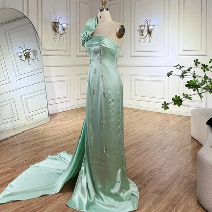Vestido de noche árabe verde salvia de un solo hombro con capa de cristal de lujo de Dubái para fiesta de boda de mujer LA72412 