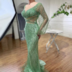 Sexy Mint Mermaid Elegante V-ausschnitt Perlen Luxus Arabisch Shiny Abendkleider Kleider Für Frauen Party 2025 LA71784 