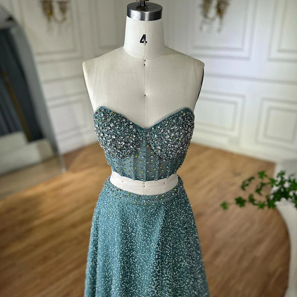 Vestido de noche turquesa saudí de dos piezas, sin tirantes y con abertura alta, para ocasiones formales (2025, LA72786) 