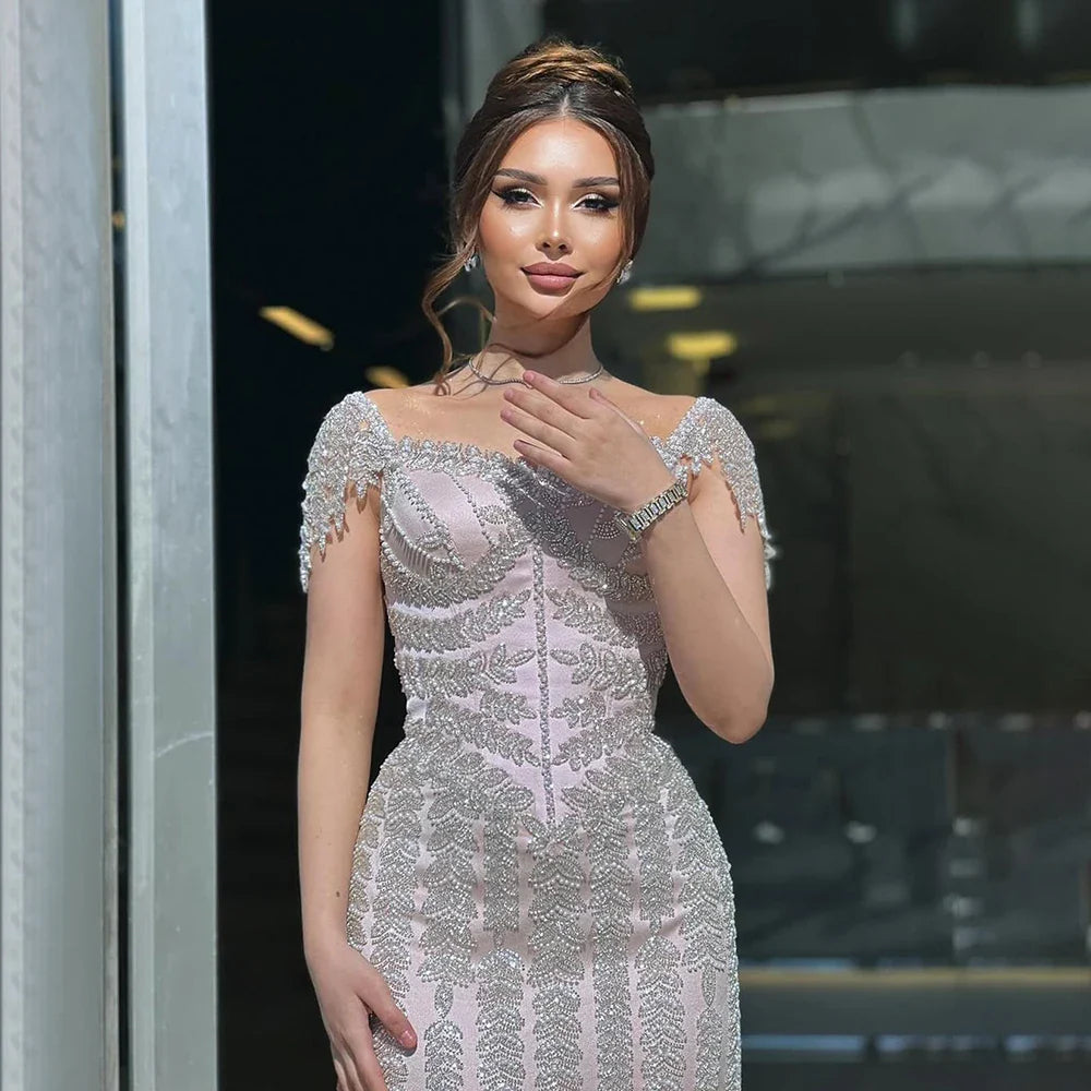 Vestido de noche elegante de sirena rosa con cuentas LA72787