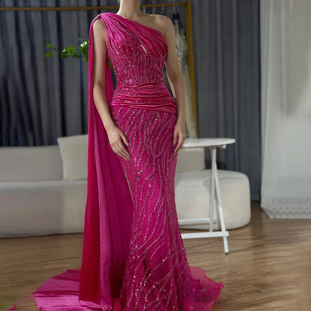 Vestido de noche elegante de sirena azul con un solo hombro y mangas estilo capa con cuentas, de lujo, para mujer, fiesta 2025 LA72323 