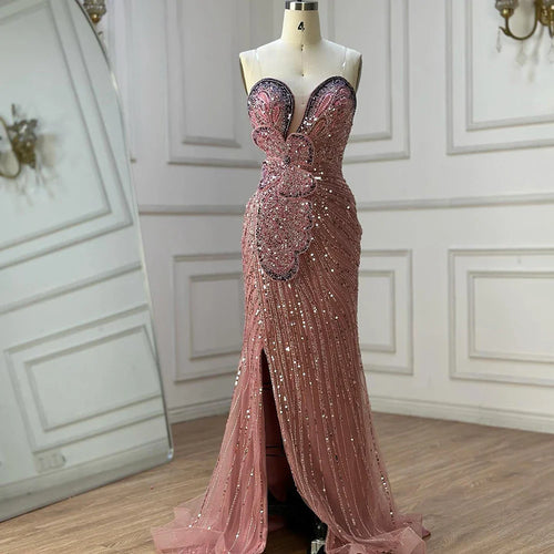 Vestido de noche árabe saudí rosa, sin tirantes, estilo sirena, con abertura alta para ocasiones formales LA72480 
