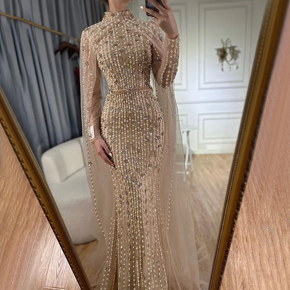 Vestidos de noche musulmanes de sirena color nude con mangas tipo capa y perlas, de lujo, estilo Dubái, para mujer, para boda, fiesta, LA72372 