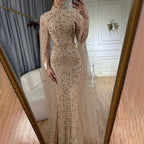 Vestidos de noche musulmanes de sirena color nude con mangas tipo capa y perlas, de lujo, estilo Dubái, para mujer, para boda, fiesta, LA72372 