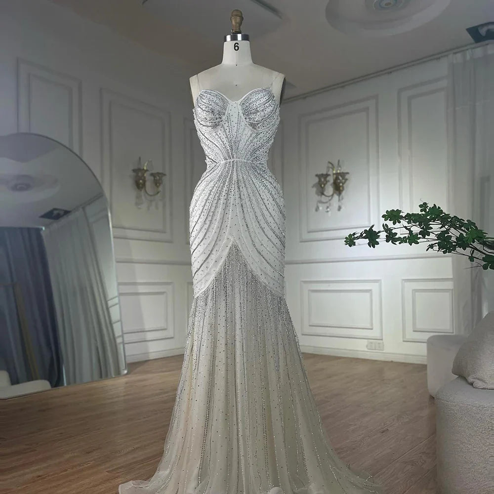 Vestido de noche árabe azul con tirantes finos, cuentas y capa desmontable para ocasiones formales 2025 LA72784 