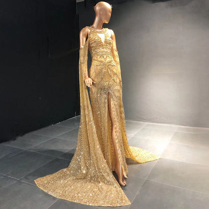 Gold Meerjungfrau Elegante High Split Abendkleider Kleider 2025 Perlen Luxus Cape Sleeve Für Frauen Party LA71503 