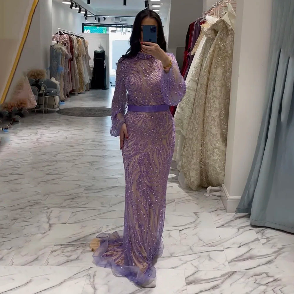 Elegante vestido de noche con cuello alto, mangas abullonadas y apliques de cuentas, estilo sirena árabe morado, para mujer, fiesta 2025 LA71815 