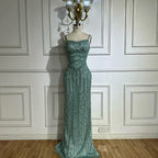 2025 Arabisches blaues Meerjungfrauenkleid mit Spaghettiträgern, luxuriöses perlenbesetztes Abendkleid aus Saudi-Arabien für formelle Anlässe LA72725 