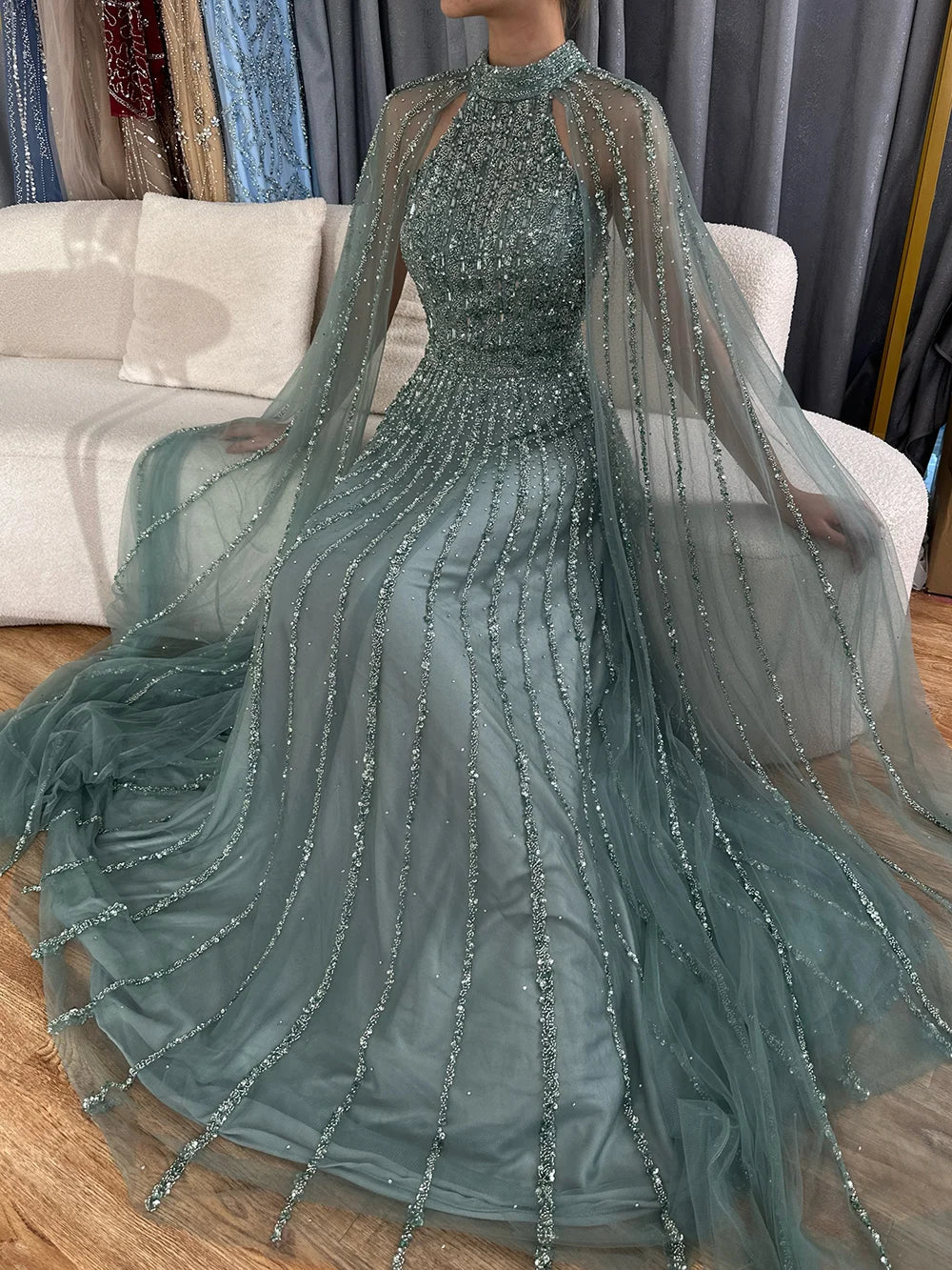 Vestido de noche saudí de lujo con cuentas, corte A, color caramelo árabe, manga larga, para ocasiones formales, LA72306B 