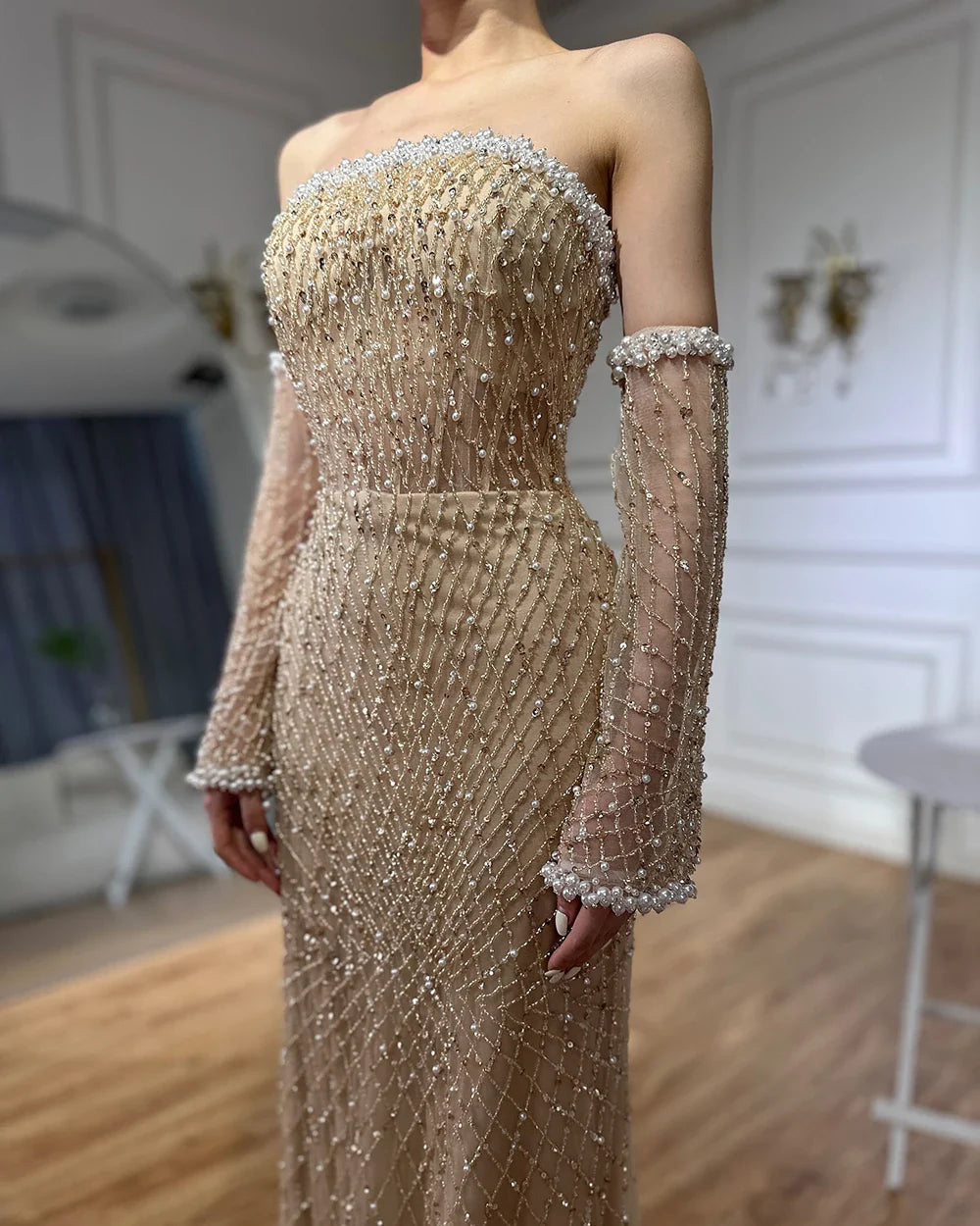 2025 Elegant White Nude Arabic Strapless Evening Gown Beaded Dress with Gloves for Formal Occasion LA72649