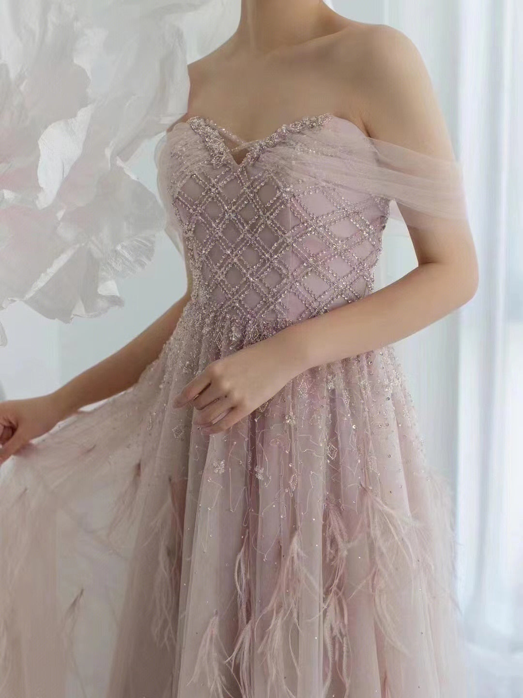 Vestidos de noche sexys con cuentas y plumas rosas, corte A, de lujo, para mujer, fiesta, LA71874 