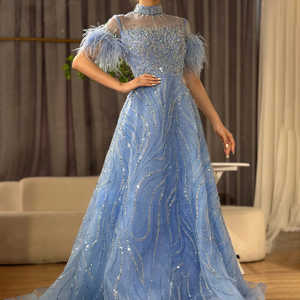 Vestido de noche azul árabe de lujo, corte A, corto, sin mangas, con plumas y cuentas, para mujer, fiesta de boda, LA72351 