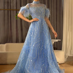 Vestido de noche azul árabe de lujo, corte A, corto, sin mangas, con plumas y cuentas, para mujer, fiesta de boda, LA72351 