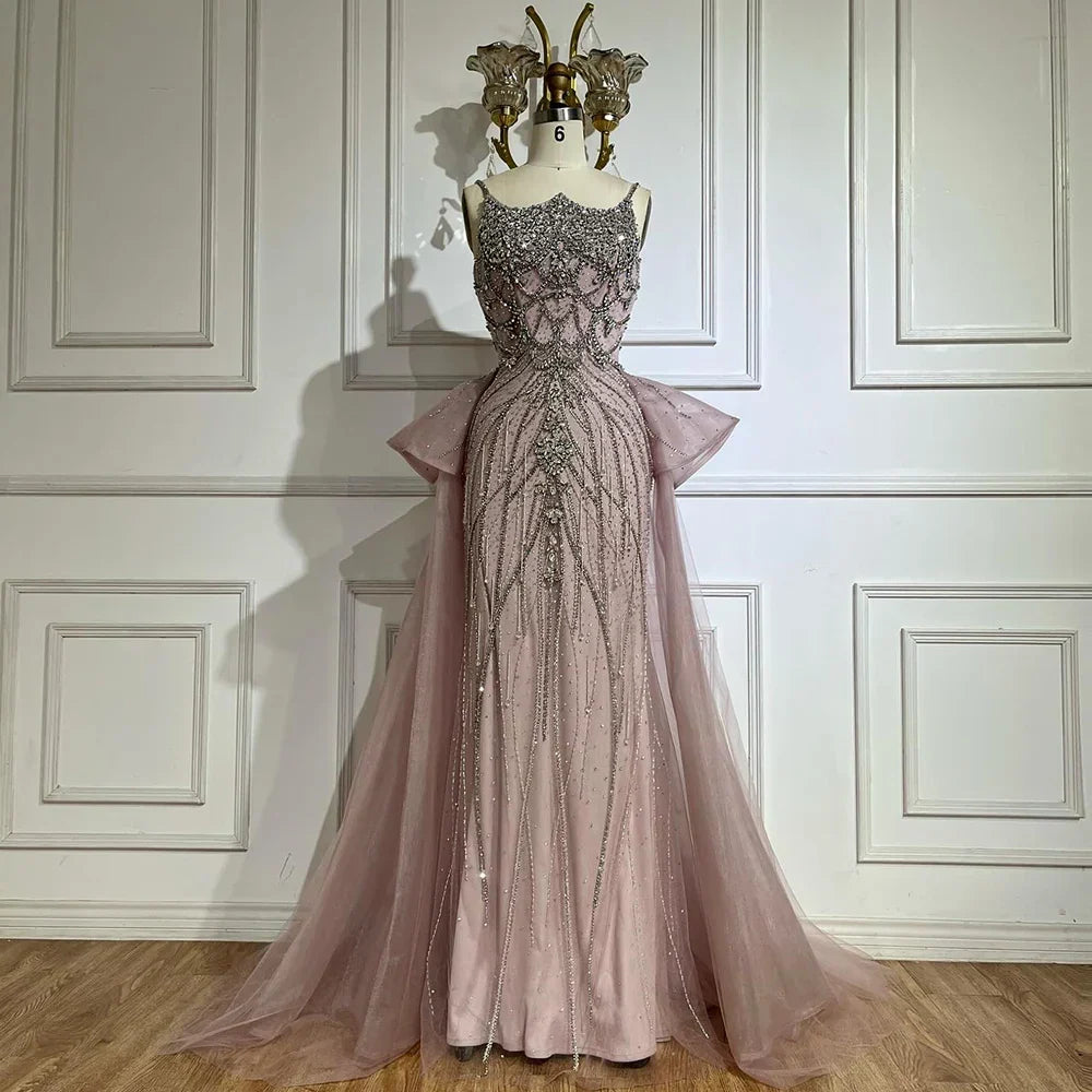 2025 Nude Saudi Beaded Spaghetti Strap Evening Dresses Gowns with Overskirt for Formal Occasion LA72810