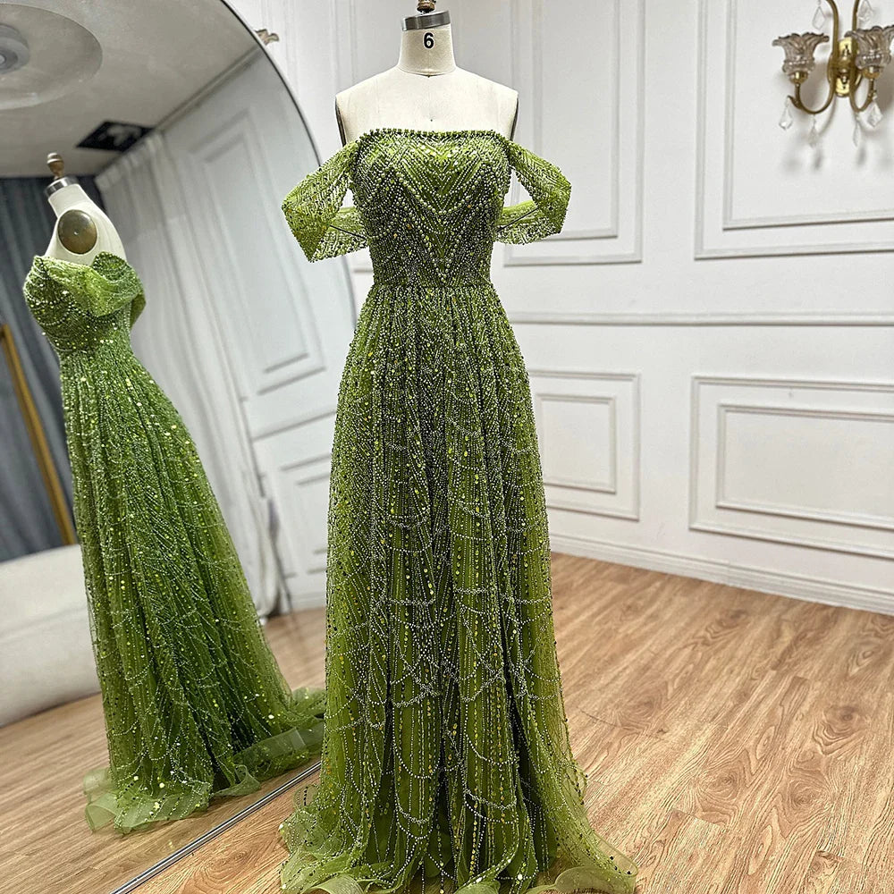 2025 Saudi Arabic Nude Pearls Beaded Design A-Line Evening Dresses Gowns for Formal Occasion LA72738
