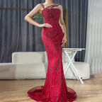 Vestido de noche elegante de sirena con un solo hombro, con cuentas y rojo de lujo para mujer, para fiesta de boda 2025 LA72340 