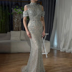 2025 Arabic Silver Nude Mermaid Beaded Crystal Luxury Dubai Evening Dresses Gowns for Women Wedding Party LA72411