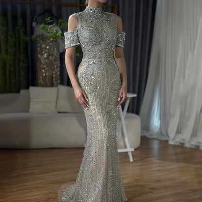 2025 Arabic Silver Nude Mermaid Beaded Crystal Luxury Dubai Evening Dresses Gowns for Women Wedding Party LA72411