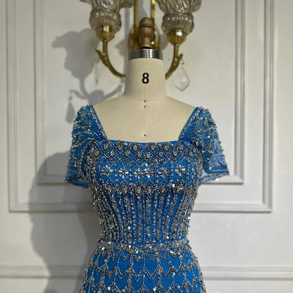 Vestido de noche árabe blanco de lujo estilo sirena de Dubái con mangas cortas LA72714